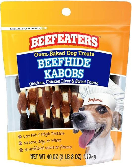 Beefeaters Beefhide Kabobs 40oz – Dog Treat. Triple Flavor with Real Chicken, Liver & Sweet Potato, Long-Lasting Chew, Supports Dental Health, Ideal for Training