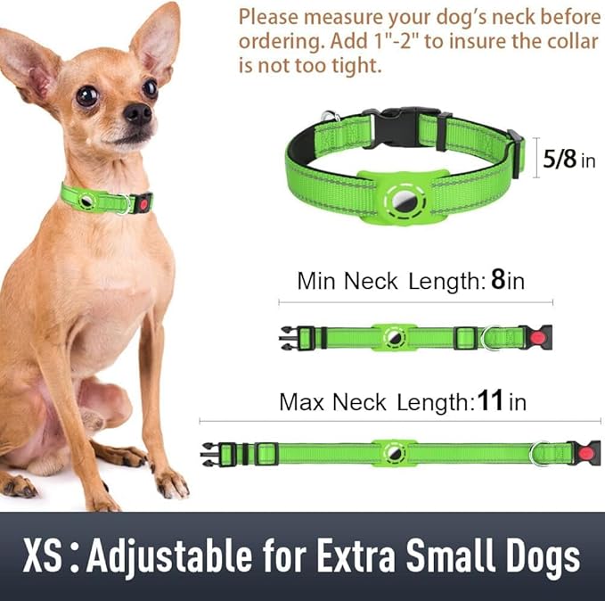 Airtag Dog Collar with AirTag Holder for Puppy Small Dogs, Reflective, Soft Padded & Safety Locking Buckle, Nylon Pet Collars Adjustable for All Breeds, Green,XS