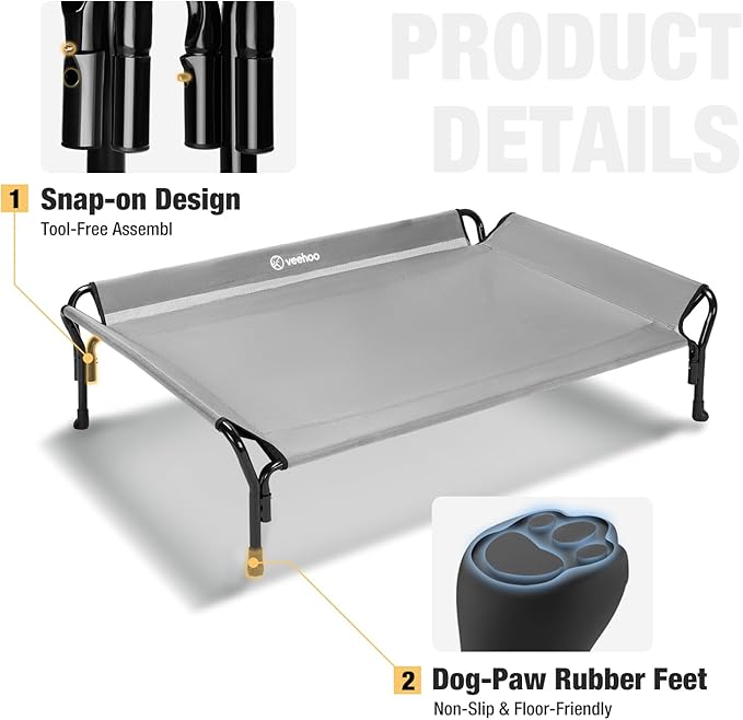 Veehoo Cooling Elevated Dog Bed, XL Raised Pet Cot with Guardrail & Slope Headrest, Durable Breathable Teslin Mesh, Non-Slip Feet, Washable Dog Couch Bed for Indoor & Outdoor, 50.5" x 33.5, Gray
