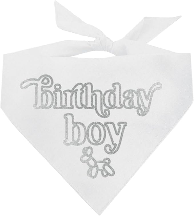 Birthday Boy Metallic Printed Dog Bandana | 100% Cotton Adjustable Triangle | Birthday Pawty | Party Theme | Celebration Supplies | Photoshoot Prop |White, Silver Foil (1330)