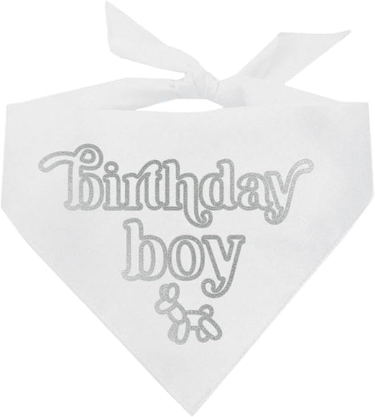 Birthday Boy Metallic Printed Dog Bandana | 100% Cotton Adjustable Triangle | Birthday Pawty | Party Theme | Celebration Supplies | Photoshoot Prop |White, Silver Foil (1330)