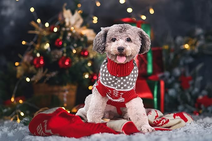 3Pcs Christmas Dog Sweater Costume Xmas Cat Knitwear Clothes Navy Blue White and Christmas Red Sweaters with Reindeers Snowflakes Pattern for Kitten Cat Puppy Dog XS