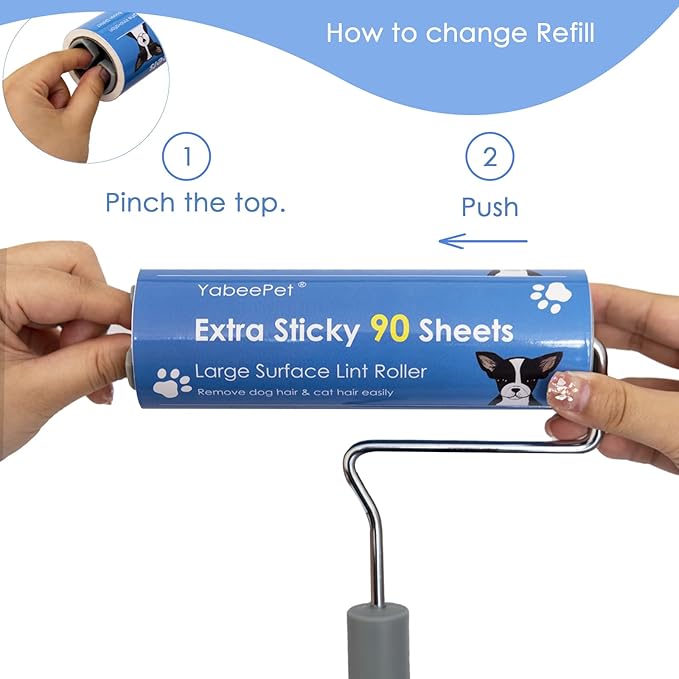 Extreme Sticky Large Surface Lint Roller, 6.3'' Giant Pet Hair Remover Roller for Pet Dog Cat Hair, Clothes&Furniture Cleaning, 90 Sheets (6 Refills)