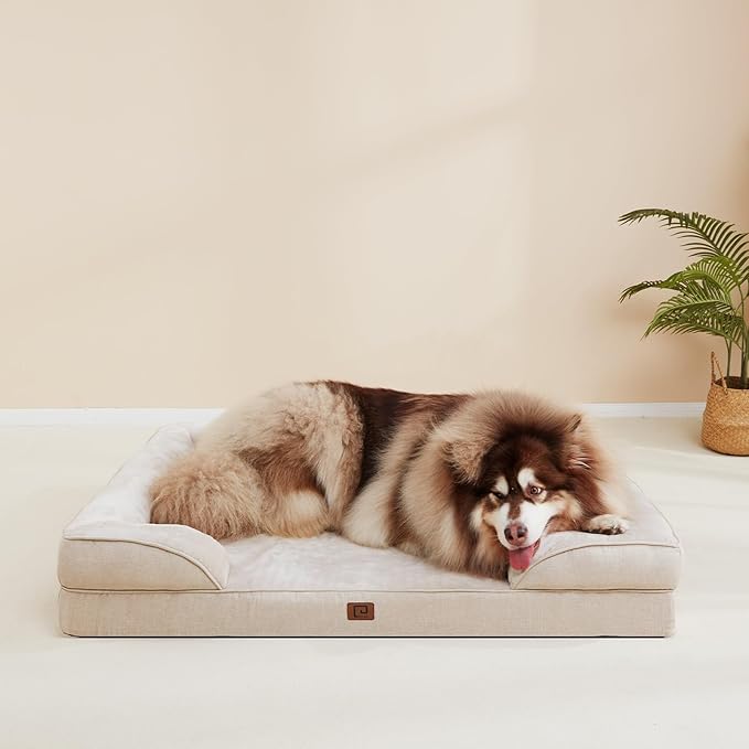 EHEYCIGA Orthopedic XL Dog Beds, Waterproof Memory Foam Dog Bed for Extra Large Dogs, Non-Slip Bottom and Egg-Crate Foam Big Pet Couch Bed with Washable Removable Cover, Beige