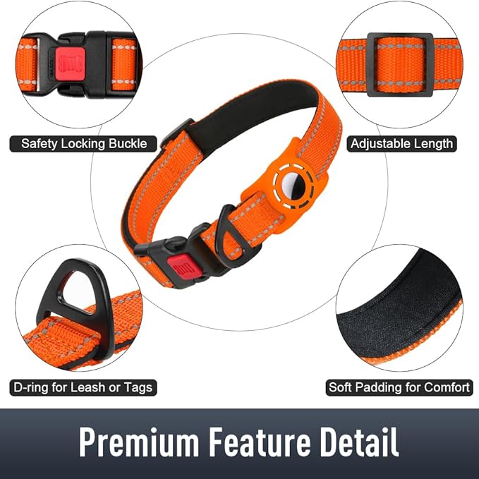 Airtag Dog Collar with AirTag Holder for Large Dogs, Reflective, Soft Padded & Safety Locking Buckle, Nylon Pet Collars Adjustable for All Breeds, Orange,L