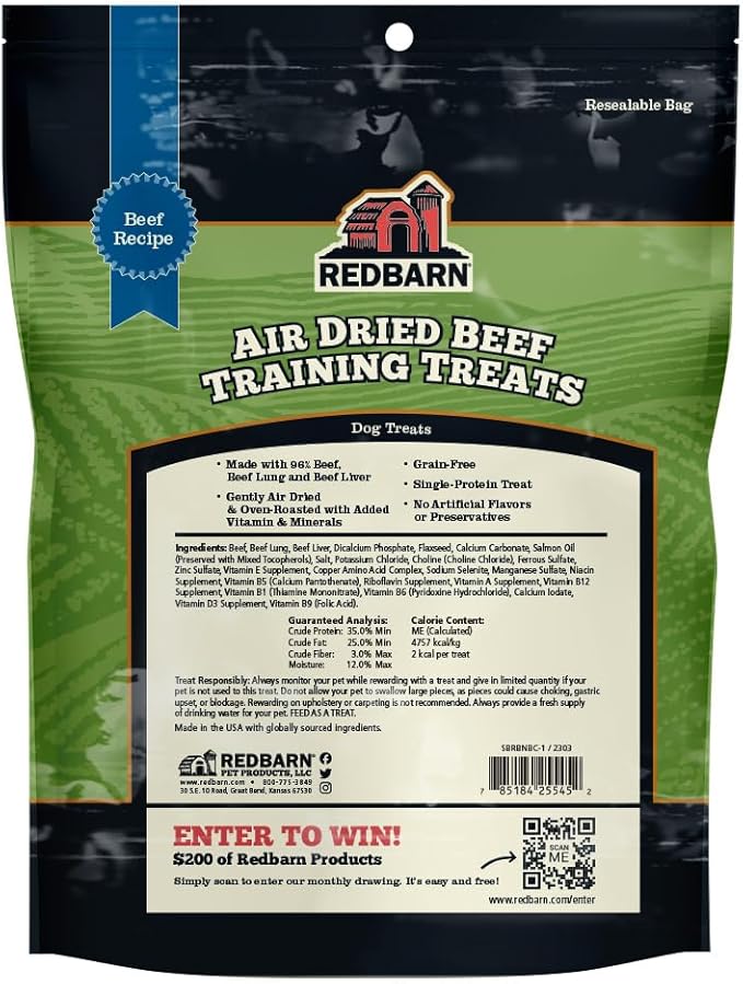 Redbarn Pet Products All-Natural Air Dried Beef Training Treats for Puppies & Dogs – Grain-Free Single Protein Rewards Made in USA for Small, Medium, & Large Breeds - 8 oz Resealable Bag