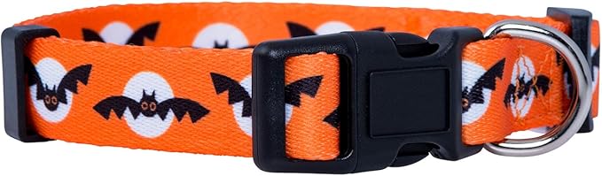 Native Pup Halloween Dog Collar- Spooky Fall Themed Horror Costume Collars- Skull, Pumpkin, Ghost, Bat, Witch, Candy Corn, Spider- Adjustable for Small, Medium, Large Breeds (Medium, Bats and Moon)