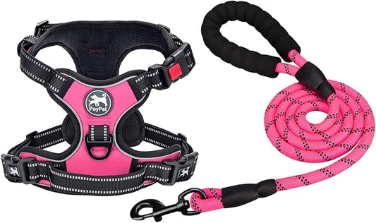 PoyPet Dog Harness and Leash Combo, Escape Proof No Pull Vest Harness, with 5 Feet Leash, Reflective Adjustable Soft Padded Pet Harness with Handle for Small to Large Dogs(Pink,S)