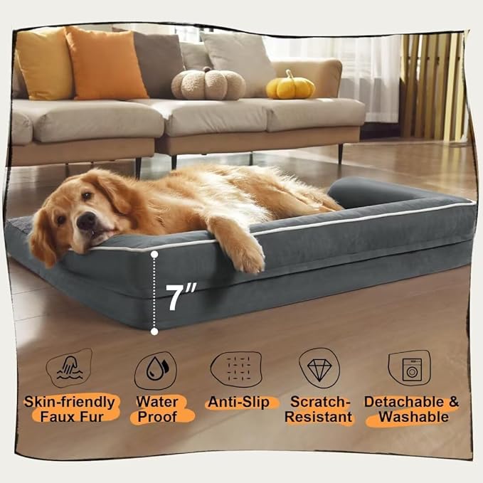 Large Dog Bed Orthopedic Washable - Beds Bolster - Extra Large Big Dogs - Memory Foam Couch Sofa - Waterproof with Removable Cover - Dark Grey Dog Bed