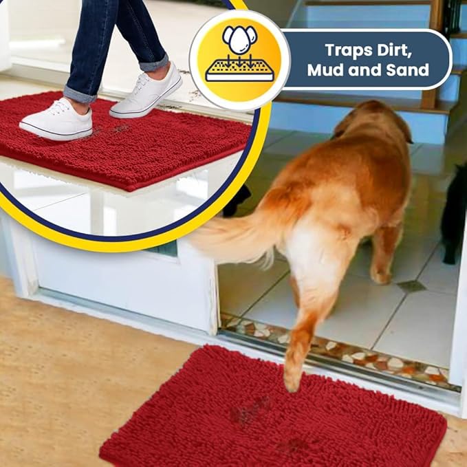 Muddy Mat® Shown on TV – Super Absorbent Microfiber Dog Door Mat for Muddy Paws, Non-Slip Washable Pet Rug, Quick Dry Chenille Entryway Carpet, Machine Washable Indoor Outdoor mat, Red 59"x35"
