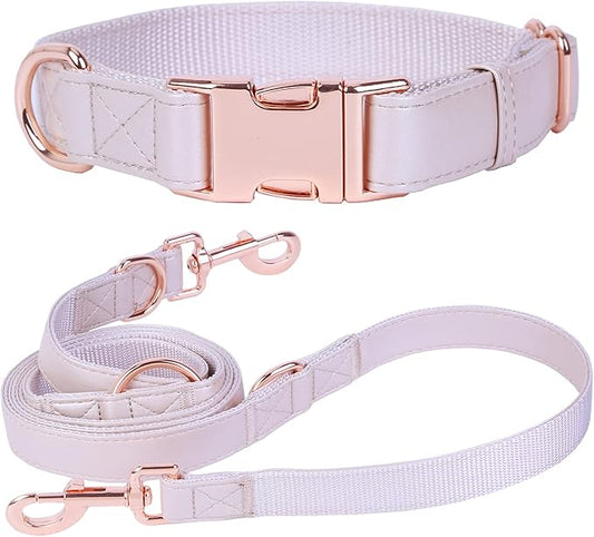Soft Leather Dog Collar and Leash (6.6') Set - Stylish Rose Gold Heavy Duty Metal Buckle, 4 Adjustable Lengths Leash for Small Medium Large Dogs - Comfortable & Easy to Clean S(12.2"-16.9"), Gold Pink