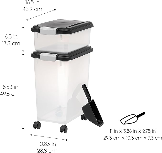 IRIS USA Dog Food Storage Container, 30 lbs & 11 lbs Combo, Cat Food Storage Container, Dog Treat Container, Airtight, Stackable, 2-Cup Scoop, Wheels, Easy Mobility, Black