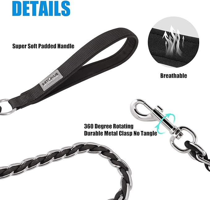 Dog Leash Chew Proof, Chain Leash Anti Chew Dog Leash for Large Dogs Heavy Duty, Indestructible Metal Leash Anti Bite Chain Link with Woven Cord Soft Padded Handle (Black, 5FT)