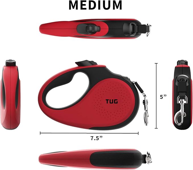 TUG 360° Tangle-Free Retractable Dog Leash with Anti-Slip Handle | 16 ft Strong Nylon Tape | One-Handed Brake, Pause, Lock (Medium, Red)