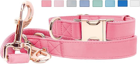 Soft Leather Dog Collar and Leash (6.6') Set - Stylish Rose Gold Heavy Duty Metal Buckle, 4 Adjustable Lengths Leash for Small Medium Large Dogs - Comfortable & Easy to Clean Dark Pink L(15.4"-24.8")