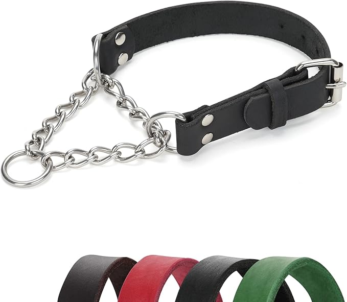 Martingale Collar for Dogs No-Pull Adjustable Training Collar with Stainless Steel Chain - Genuine Leather Anti-Slip Design for Small,Medium,Large Breed Dogs - Black (S)