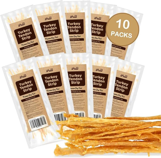 Turkey Tendons for Dogs, 100% Turkey and US Sourced Raw Material, Hypoallergenic, All Natural Human Grade Puppy Chew, Rawhide Alternative Dog Treats, 10 Unit/Packs Strip