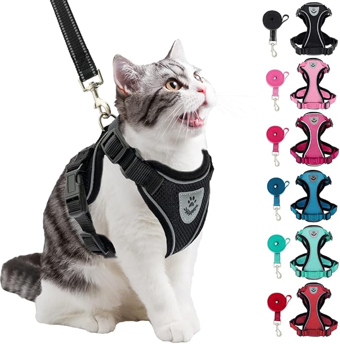 PUPTECK Cat Harness and Leash Set Escape Proof Reflective Cat Walking Harness Adjustable Soft Breathable Mesh Vest for Small Pets, Black, S