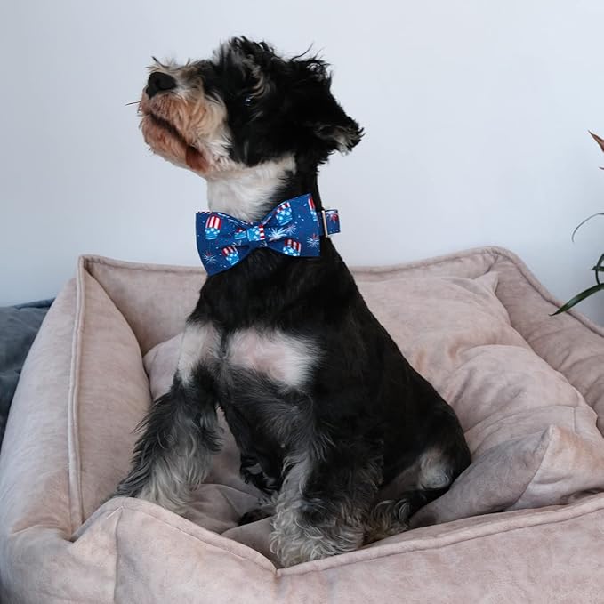 4th of July Dog Collar with Bow Tie, Patriotic Bowtie Dog Collar, American Flag Collar for Large Boy Girl Dog, Comfortable Summer Bowtie Collar with Metal Buckle, L