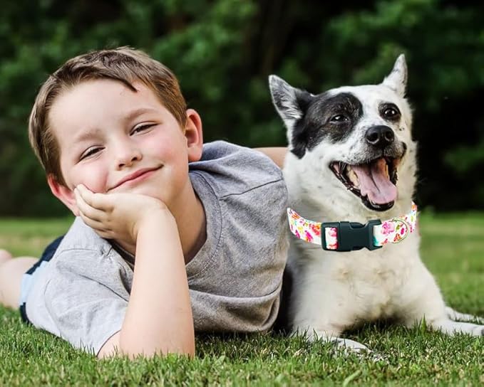Tunkoo Flower Dog Collar, Cute Adjustable Premium Cotton Collar Durable Plastic Buckle for Small Medium Large Boys Girls Dogs, L