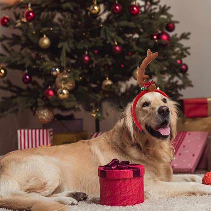 ANIAC Dog Antlers Headband Christmas Dog Outfit for Small Medium Large Dog Reindeer Costumes Pet Elk Head Accessories for Christmas Halloween (Brown, Large)