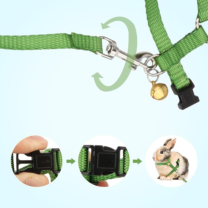Hypeety Rabbit Bunny Harness with Leash Adjustable Soft Nylon Harness Rabbit Vest Harness Lead Leash Pink Blue Lead Leash All Season for Small Animals (Green)