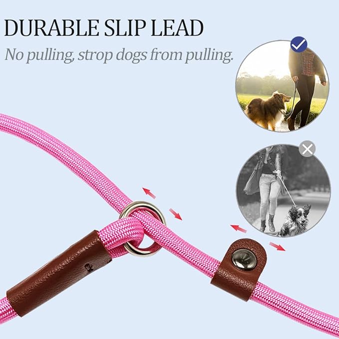 MayPaw Slip Lead Control Leash for Dogs No Pull, 13+ Colors Classic Dog Lead 7FT Pet Slip Leash, 1/4” Rope Leashes for Small Medium Animals (7ft*1/4", Pink)