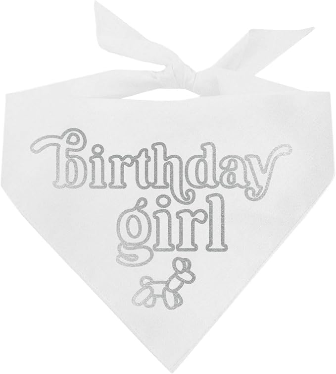 Birthday Girl Metallic Printed Dog Bandana | 100% Cotton Adjustable Triangle | Birthday Pawty | Party Theme | Celebration Supplies | Photoshoot Prop |White, Silver Foil (1329)