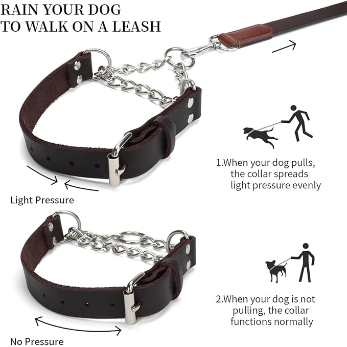 Martingale Collar for Dogs No-Pull Adjustable Training Collar with Stainless Steel Chain - Genuine Leather Anti-Slip Design for Small,Medium,Large Breed Dogs - Brown (S)
