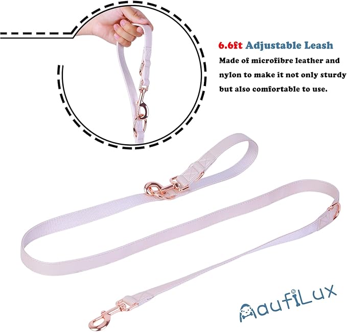 Soft Leather Dog Collar and Leash (6.6') Set - Stylish Rose Gold Heavy Duty Metal Buckle, 4 Adjustable Lengths Leash for Small Medium Large Dogs - Comfortable & Easy to Clean S(12.2"-16.9"), Gold Pink