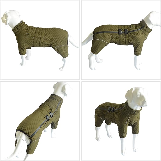 Warm Double Layers Dog Coat, 4 Legs Covered Windproof Waterproof Reflective Vest, Outdoor Skating Costume for Small Medium Large Dogs, Olive 3XL
