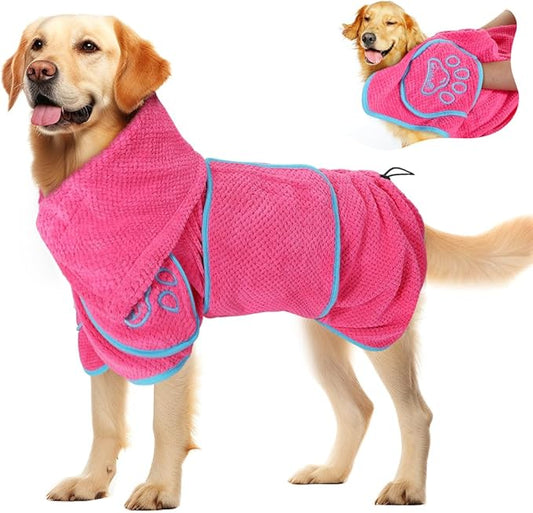 SlowTon Dog Bathrobe Towel - Super Absorbent Microfiber Pet Quick Drying Towel, Wearable Soft Bath Robes for After Bath Shower Swim Wet Walk, Adjustable for Small Middle Large Dogs (Pink, 3XL)