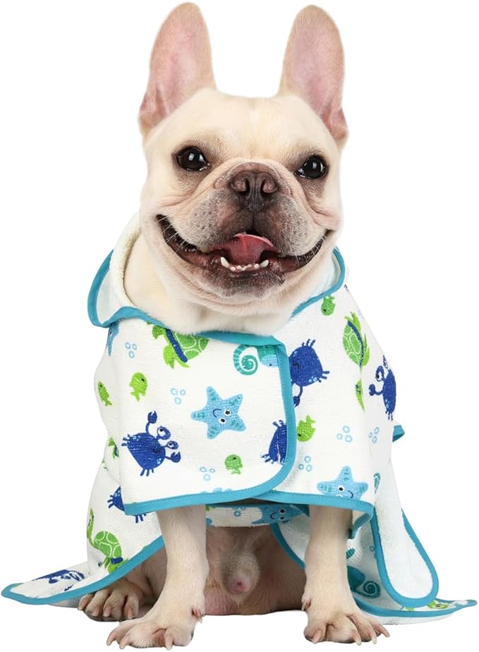 HDE Dog Bathrobe Super Absorbent Quick Drying Towel with Hood for All Dog Breeds Sizes S-XXL - Sea Animals - S