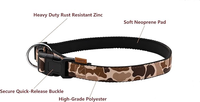 Dog Collar, Cute Floral Pattern, Neoprene Padded and Adjustable Collar with Quick Release Buckle, Reinforced Structure (L (Neck 18-28", Width 1"), Camouflage Brown)