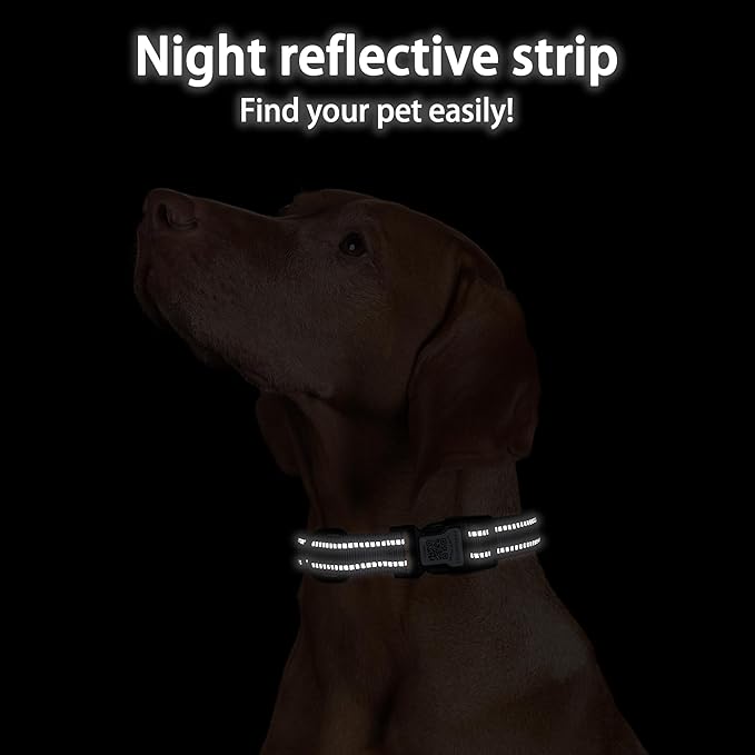 Dog Collar with QR Code, Reflective Dog Collar, Soft Neoprene Padded & Safety Locking Buckle Adjustable Pet Collar (Pink, S-with Airtag Holder)