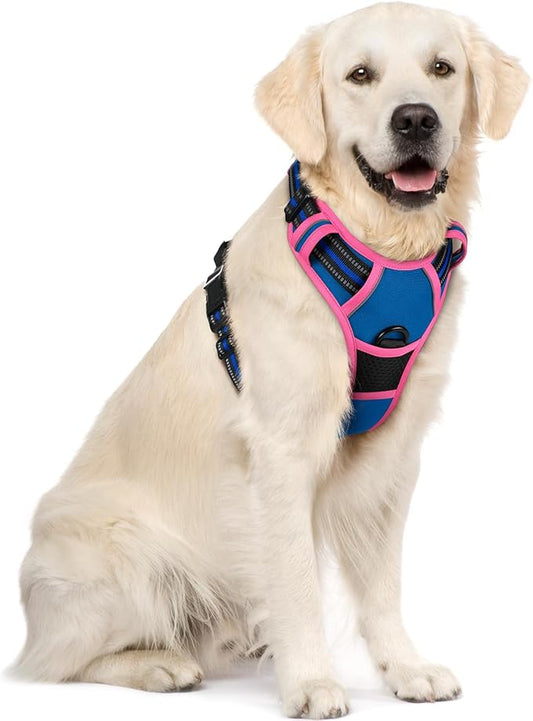 rabbitgoo Dog Harness No Pull with 2 Leash Clips, Adjustable Soft Padded, Reflective Oxford No Choke Pet Vest with Easy Control Handle for Large Dogs, Blue & Hot Pink, XL