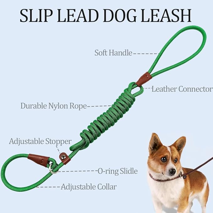 MayPaw Slip Lead Control Leash for Dogs No Pull, 13+ Colors Classic Dog Lead 7FT Pet Slip Leash, 1/4” Rope Leashes for Small Medium Animals (7ft*1/4", Dark Green)