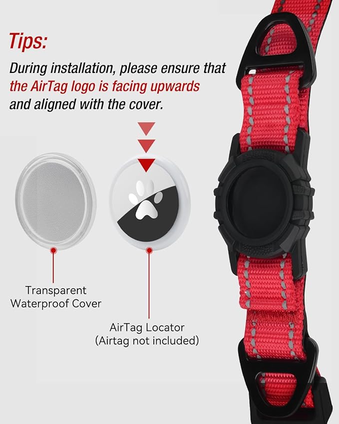 Joytale Airtag Dog Collar, Dual D-Rings, Reflective Pet Collar with Waterproof AirTag Holder, Soft Padded Adjustable for Large Dogs, Red, L