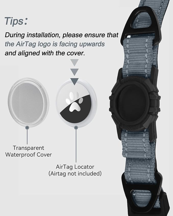 Joytale Airtag Dog Collar, Dual D-Rings, Reflective Pet Collar with Waterproof AirTag Holder, Soft Padded Adjustable for Extra Large Dogs, Gray, XL