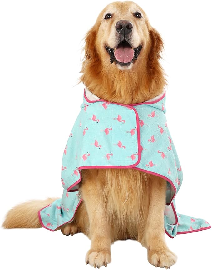HDE Dog Bathrobe Super Absorbent Quick Drying Towel with Hood for All Dog Breeds Sizes S-XXL - Flamingos - XXL