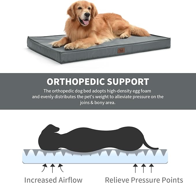 Outdoor Dog Bed for Medium/Small Dogs, Waterproof Dog Crate Bed for Medium Dogs Cats, Orthopedic Egg Crate Foam Pet Bed with Washable and Removable Oxford Cover, Grey