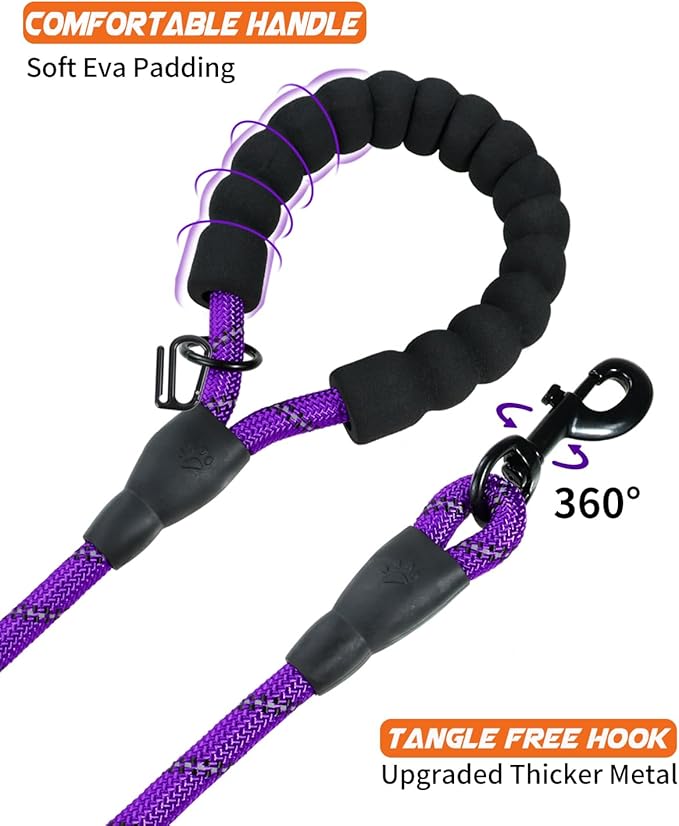 Joytale Reflective Dog Leash, Heavy Duty Nylon Rope with Poop Bag Holder, Highly Reflective Threads Leashes for Medium Large Dogs, Purple, 5'×1/2''