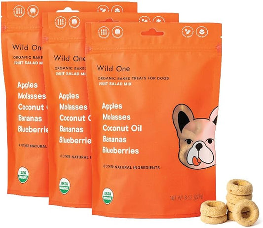 Wild One Organic Natural Crunchy Baked Dog Treats Made in The USA Fruit Salad 8 Ounce 3 Pack