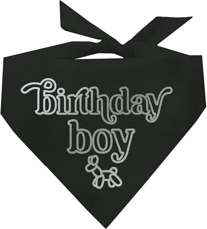 Birthday Boy Metallic Printed Dog Bandana | 100% Cotton Adjustable Triangle | Birthday Pawty | Party Theme | Celebration Supplies | Photoshoot Prop |Black, Silver Foil (1330)