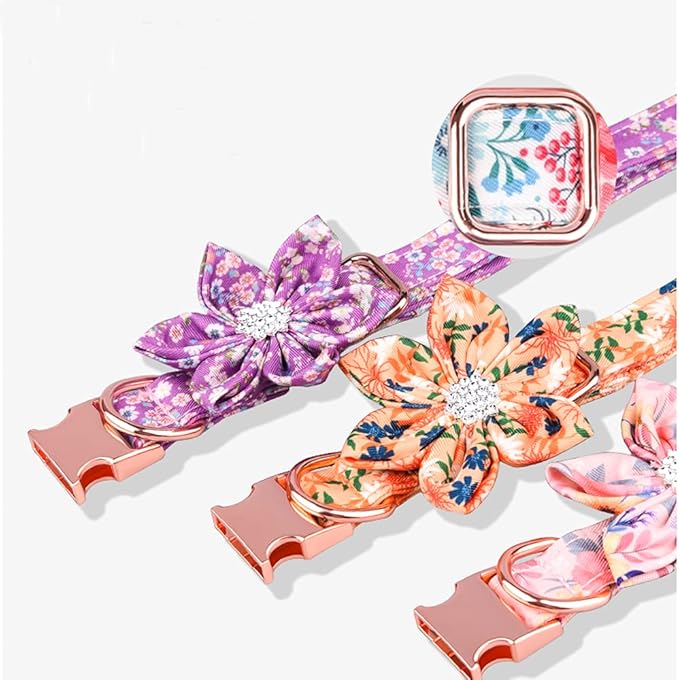 Floral Pattern Dog Collar - Cute Puppy Collar with Detachable Rhinestone Flower for Female Dogs - Small, Medium, Large (L, Green)