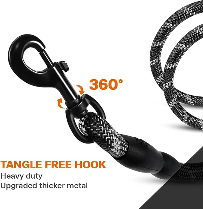 Taglory Rope Dog Leash 4 FT with Comfortable Padded Handle, Highly Reflective Threads Leash for Medium Large Dogs, 1/2 inch, Black