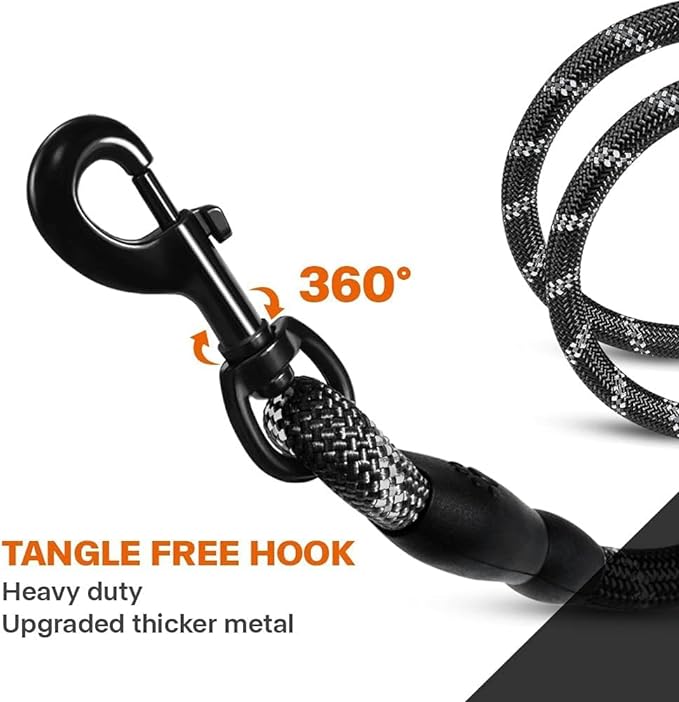 Taglory Rope Dog Leash 6 FT with Comfortable Padded Handle, Highly Reflective Threads Leash for Medium Large Dogs, 1/2 inch, Black