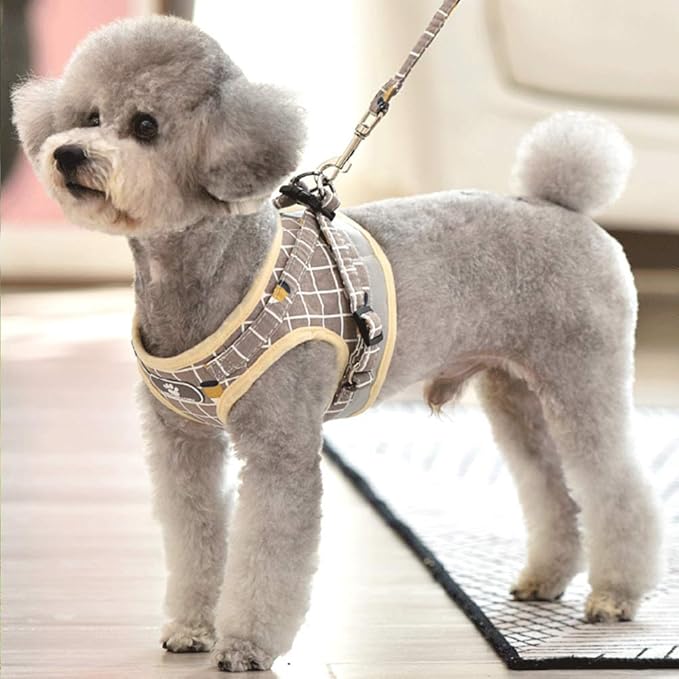 FEimaX Soft Mesh Dog Harness and Leash Set for Walking, No Pull Adjustable Reflective Puppy Step-in Vest Harness for Puppy Small Medium Dogs & Cats (L (Chest 16.1-18.1''/41-46CM), Plaid Khaki)