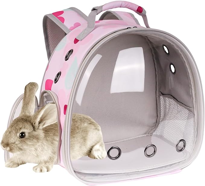 Portable Small Animal Backpack with Pink Flower Printing, Space Capsule Bubble Pet Carrier Cage Travel for Guinea Pig, Rabbit, Hamster, Bird, Bearded Dragon, Sugar Glider, Squirrel, Tortoise, Lizard