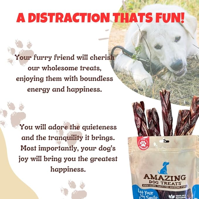 Amazing Dog Treats - 6 Inch Braided Beef Esophagus Sticks (4 Pc/Pack) - Braided Gullet Sticks Dog Chews